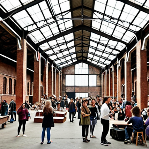 **Cultural & Social Revitalization:** A large, formerly abandoned industrial building (e.g., a factory or warehouse) transformed into a vibrant, bustling cultural complex. The scene shows diverse groups of people enjoying an indoor flea market with young artists, listening to a live jazz performance in an cozy setting, and interacting in communal spaces. The image should highlight the contrast between the original, raw industrial architecture (exposed beams, high ceilings, old brick) and the new, inviting, art-filled interior, conveying a sense of rediscovering history and strengthening community bonds.