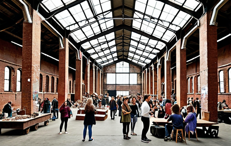 **Cultural & Social Revitalization:** A large, formerly abandoned industrial building (e.g., a factory or warehouse) transformed into a vibrant, bustling cultural complex. The scene shows diverse groups of people enjoying an indoor flea market with young artists, listening to a live jazz performance in an cozy setting, and interacting in communal spaces. The image should highlight the contrast between the original, raw industrial architecture (exposed beams, high ceilings, old brick) and the new, inviting, art-filled interior, conveying a sense of rediscovering history and strengthening community bonds.